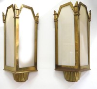 Pair Large American Art Deco Bronze and Milk Glass Theatre Sconces
